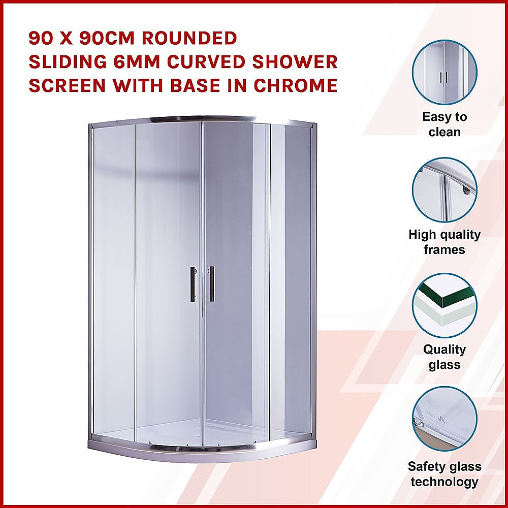 Shower Heads & Screens: 90 x 90cm Rounded Sliding 6mm Curved Shower Screen with Base in Chrome