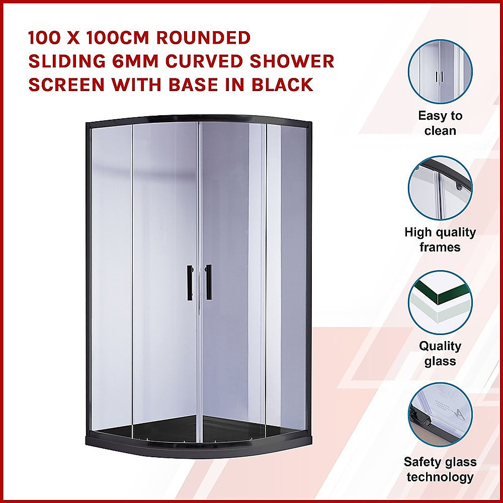 Shower Heads & Screens: 100 x 100cm Rounded Sliding 6mm Curved Shower Screen with Base in Black
