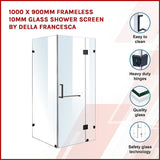 1000 x 900mm Frameless 10mm Glass Shower Screen By Della Francesca