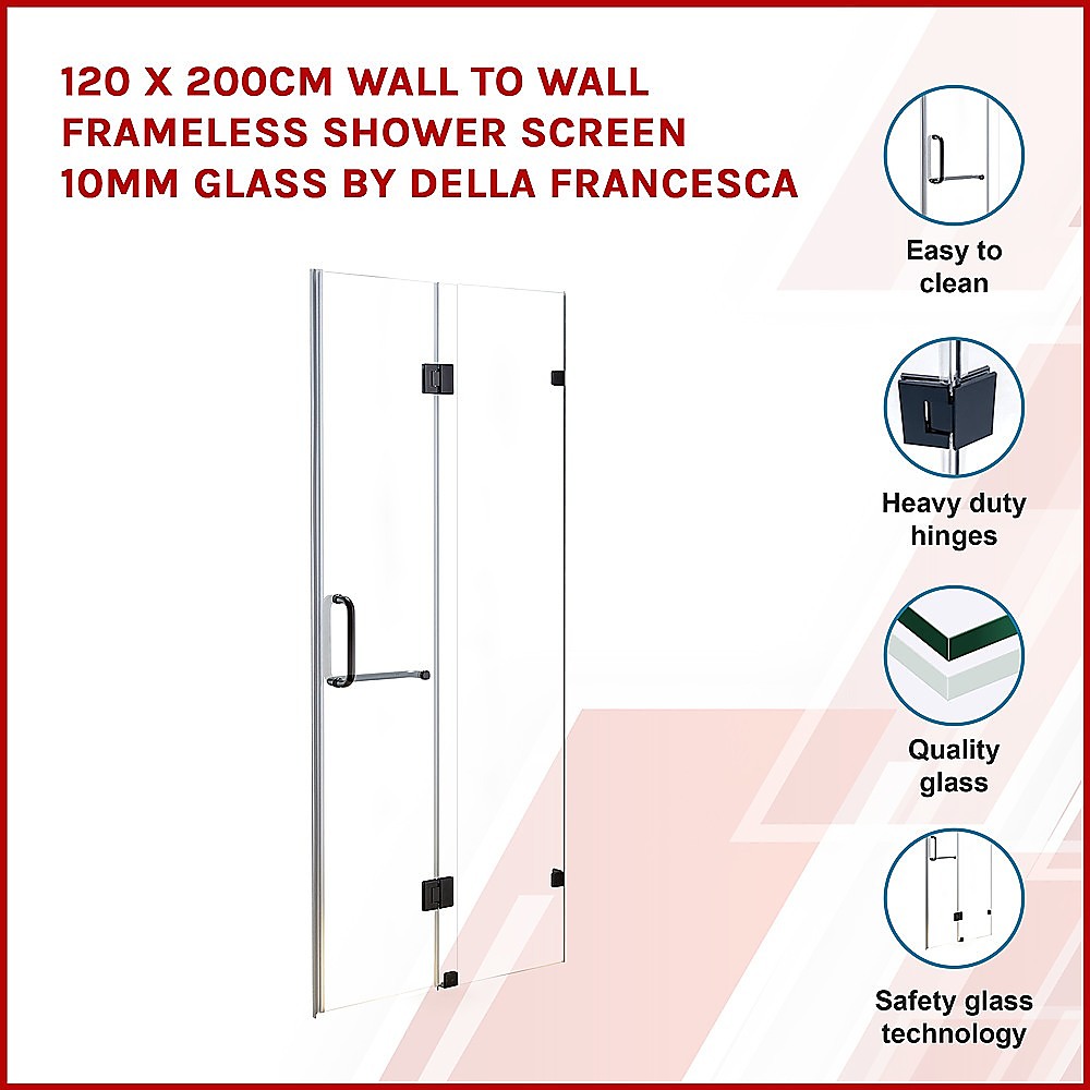 Shower Heads & Screens: 120 x 200cm Wall to Wall Frameless Shower Screen 10mm Glass By Della Francesca