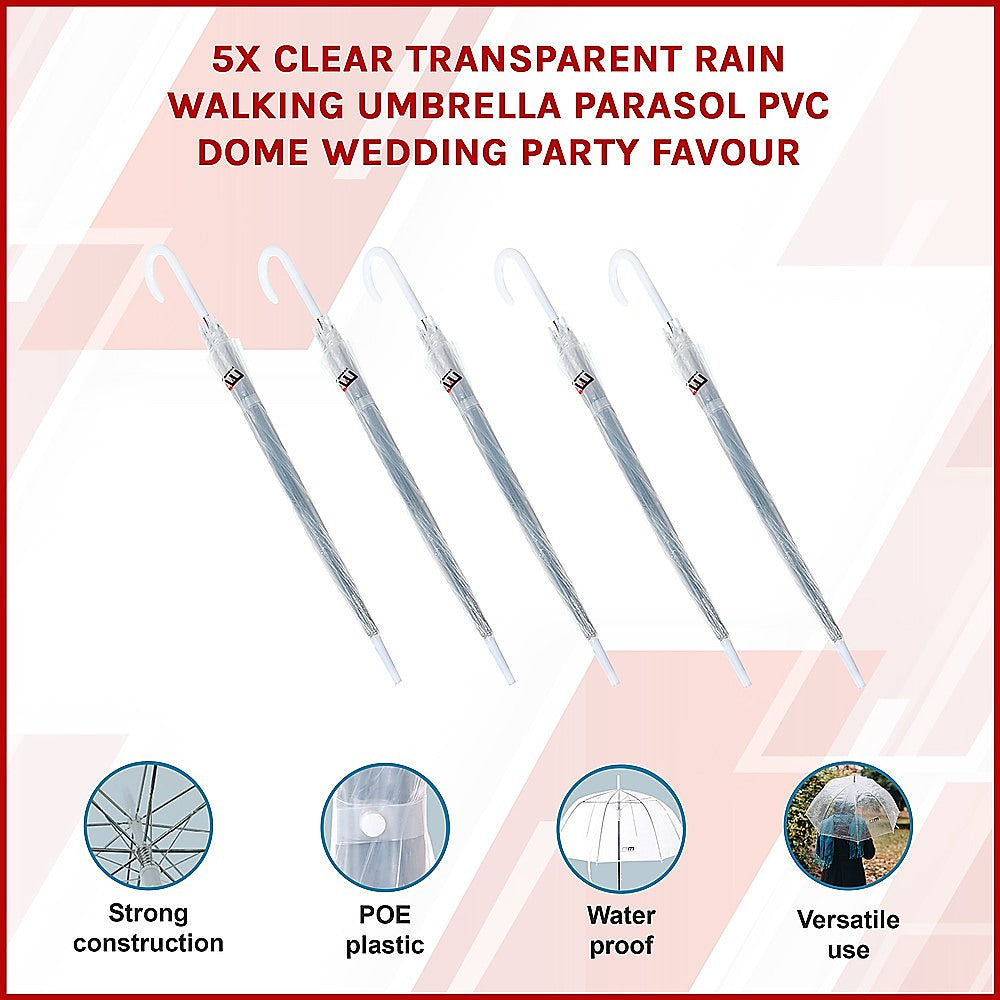 Canopies & Gazebos: 5x Clear Transparent Rain Walking Umbrella Parasol PVC Dome Wedding Party Favour