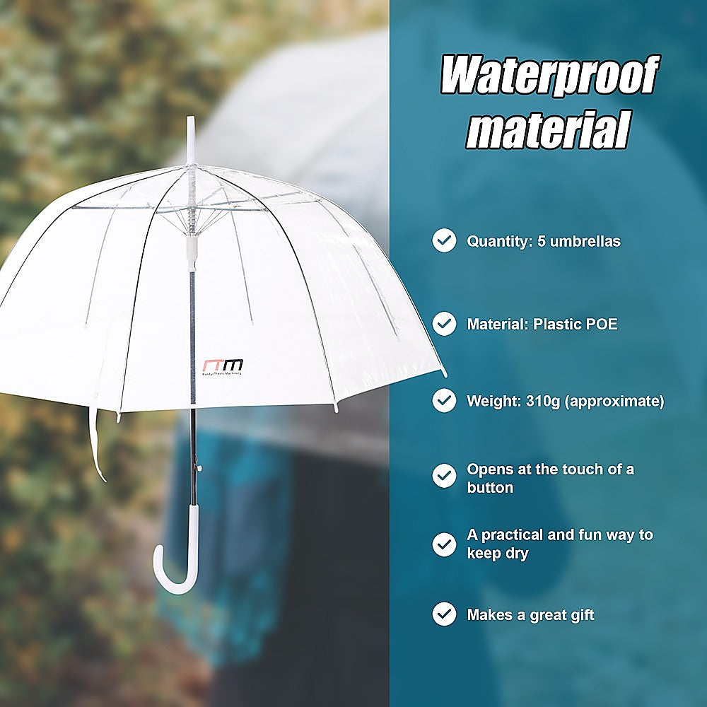 Canopies & Gazebos: 5x Clear Transparent Rain Walking Umbrella Parasol PVC Dome Wedding Party Favour