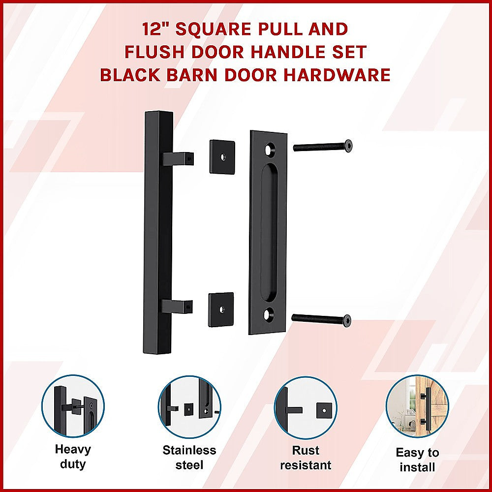 Door Hardware: 12" Square Pull and Flush Door Handle Set Black Barn Door Hardware