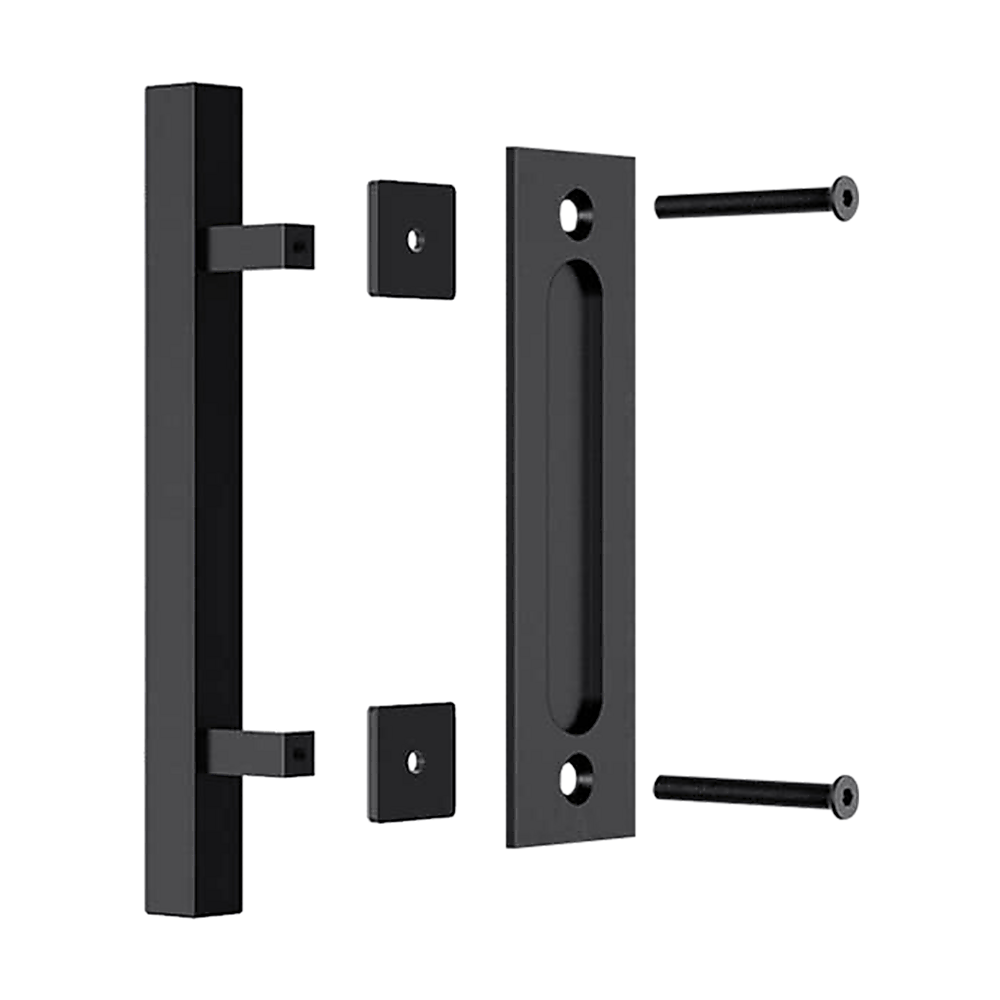 Door Hardware: 12" Square Pull and Flush Door Handle Set Black Barn Door Hardware