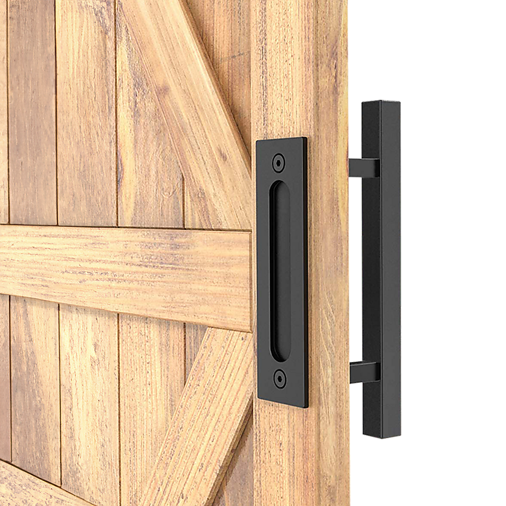 Door Hardware: 12" Square Pull and Flush Door Handle Set Black Barn Door Hardware