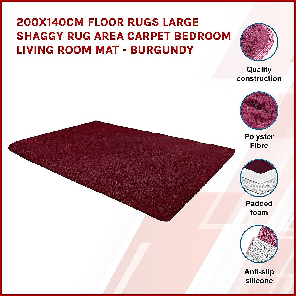 Floor Rugs: 200x140cm Floor Rugs Large Shaggy Rug Area Carpet Bedroom Living Room Mat - Burgundy