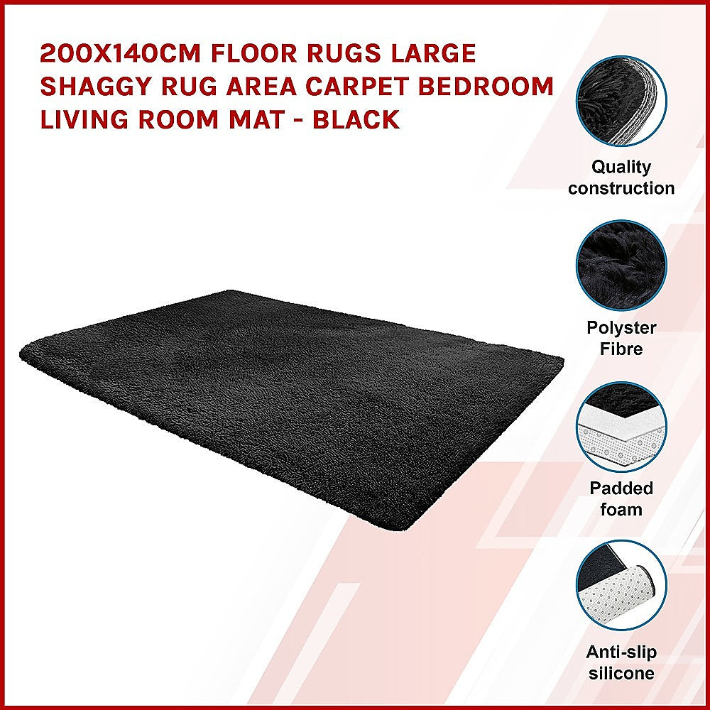 Floor Rugs: 200x140cm Floor Rugs Large Shaggy Rug Area Carpet Bedroom Living Room Mat - Black