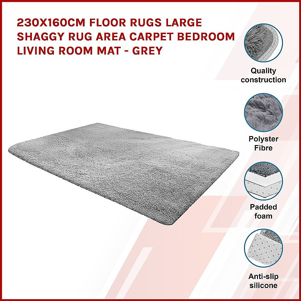 Floor Rugs: 230x160cm Floor Rugs Large Shaggy Rug Area Carpet Bedroom Living Room Mat - Grey