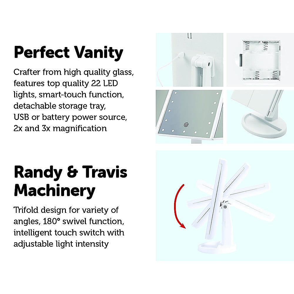 Makeup Mirrors: Makeup Mirror With LED Light Standing Mirror Magnifying Tri-Fold Touch
