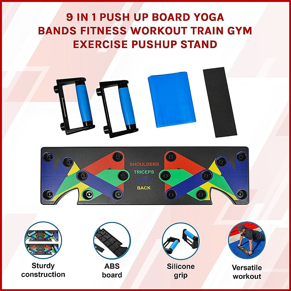 Gym Equipment & Accessories: 9 in 1 Push Up Board Yoga Bands Fitness Workout Train Gym Exercise Pushup Stand