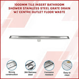 1000mm Tile Insert Bathroom Shower Stainless Steel Grate Drain w/Centre outlet Floor Waste