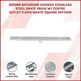 900mm Bathroom Shower Stainless Steel Grate Drain w/Centre outlet Floor Waste Square Pattern