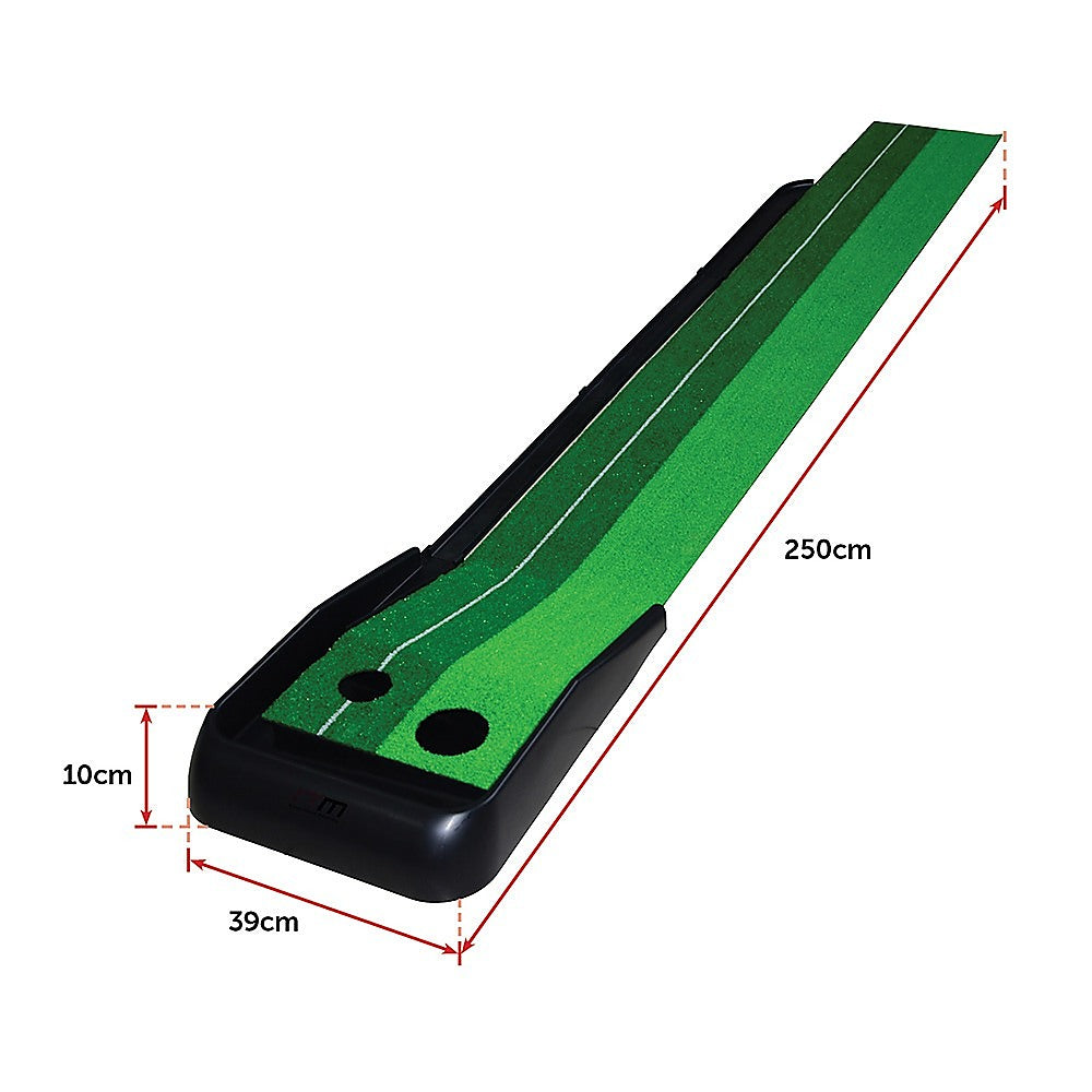 Golf Training Aids: Indoor Practice Putting Green 2.5m Mat Inclined Ball Return Fake Grass 2 Holes