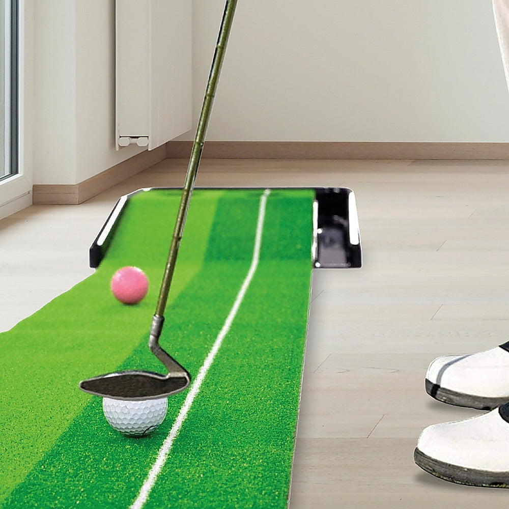 Golf Training Aids: Indoor Practice Putting Green 2.5m Mat Inclined Ball Return Fake Grass 2 Holes