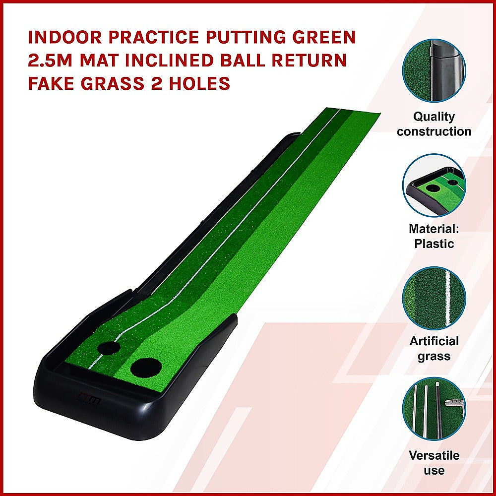 Golf Training Aids: Indoor Practice Putting Green 2.5m Mat Inclined Ball Return Fake Grass 2 Holes