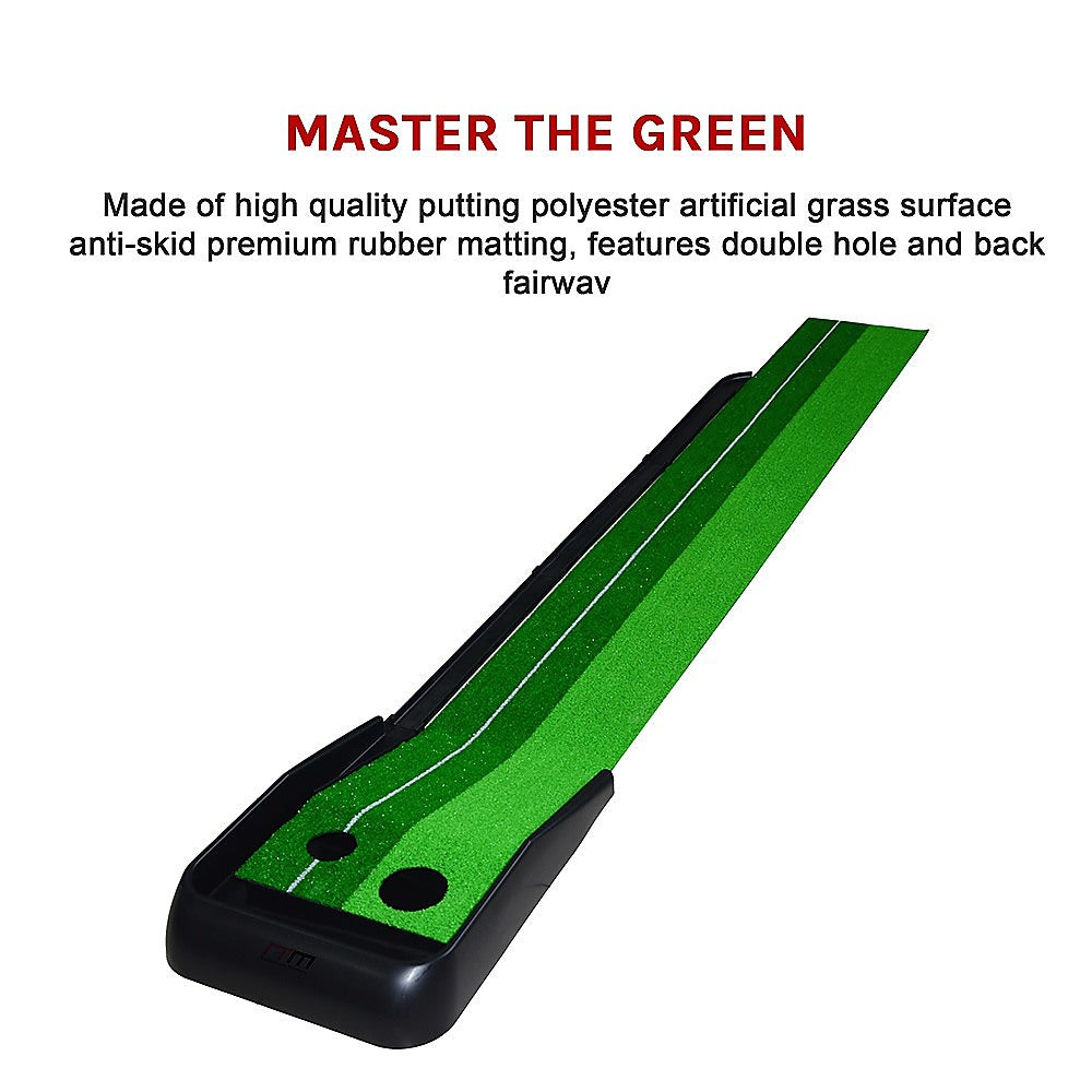 Golf Training Aids: Indoor Practice Putting Green 2.5m Mat Inclined Ball Return Fake Grass 2 Holes