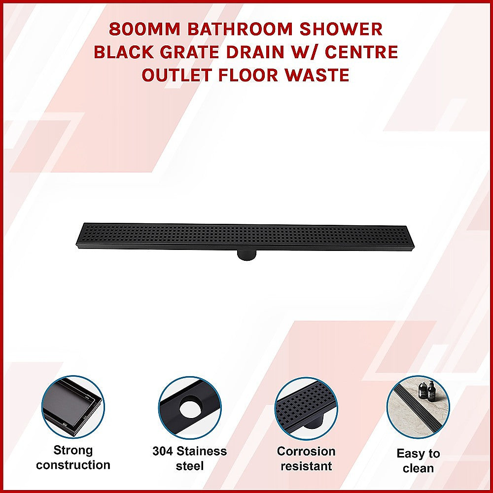 Kitchen & Bathroom DIY: 800mm Bathroom Shower Black Grate Drain w/Centre outlet Floor Waste