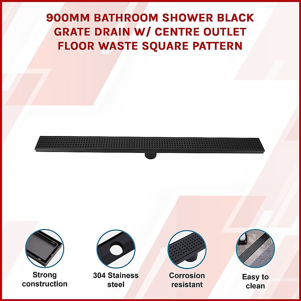 Kitchen & Bathroom DIY: 900mm Bathroom Shower Black Grate Drain w/Centre outlet Floor Waste Square Pattern