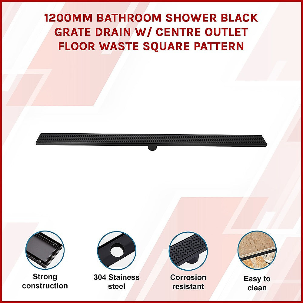 Kitchen & Bathroom DIY: 1200mm Bathroom Shower Black Grate Drain w/Centre outlet Floor Waste Square Pattern
