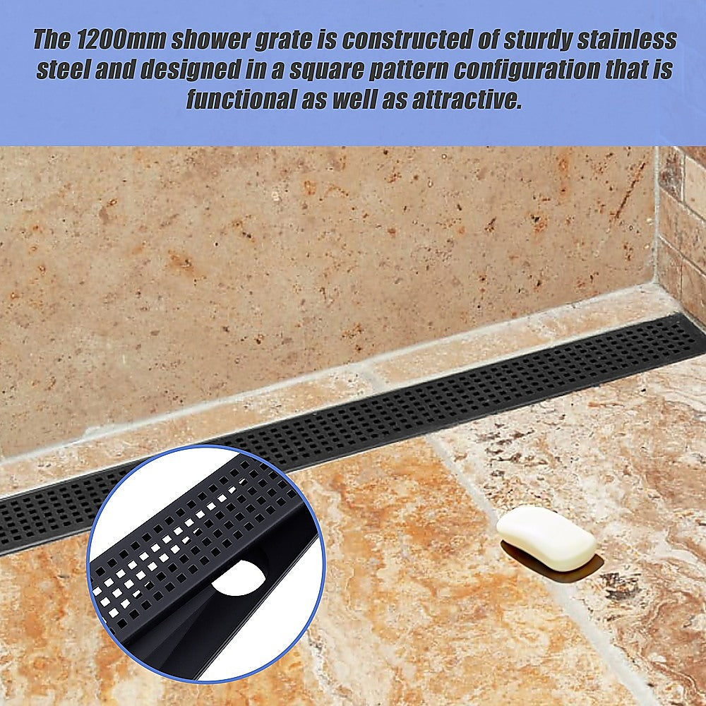 Kitchen & Bathroom DIY: 1200mm Bathroom Shower Black Grate Drain w/Centre outlet Floor Waste Square Pattern