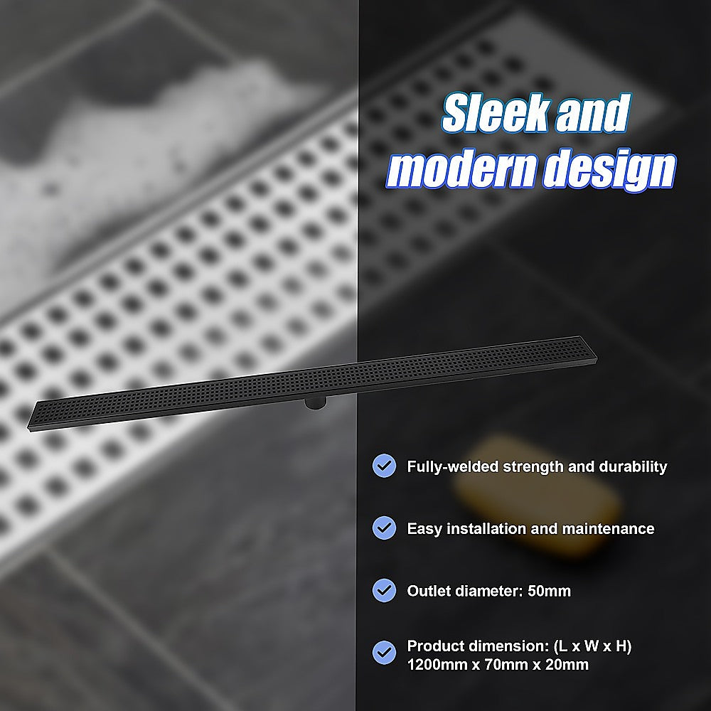 Kitchen & Bathroom DIY: 1200mm Bathroom Shower Black Grate Drain w/Centre outlet Floor Waste Square Pattern