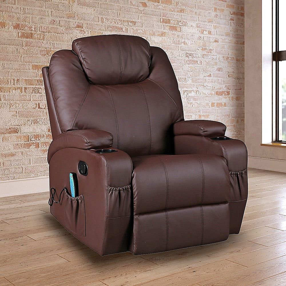 Arm Chairs & Recliners: Brown Massage Sofa Chair Recliner 360 Degree Swivel PU Leather Lounge 8 Point Heated