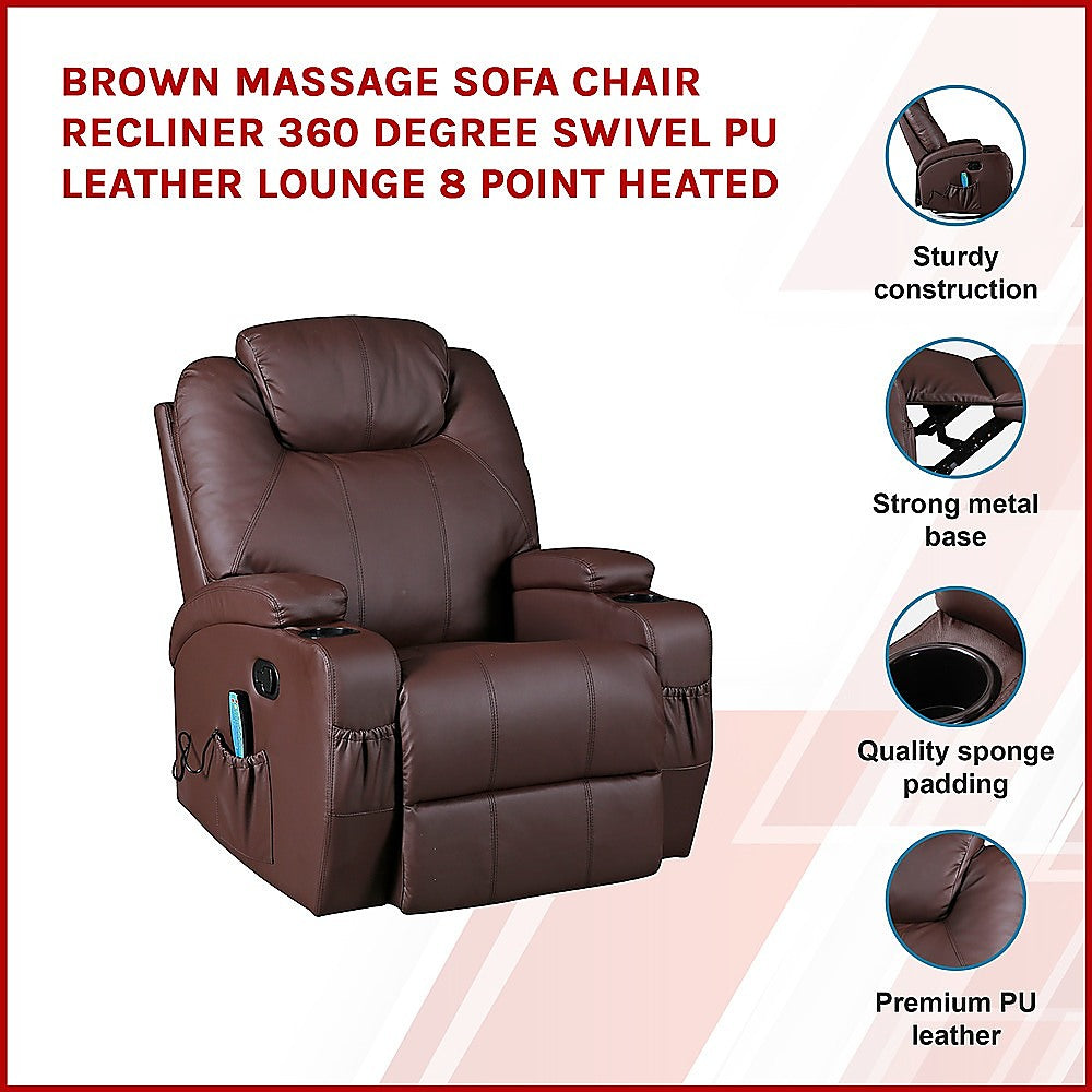 Arm Chairs & Recliners: Brown Massage Sofa Chair Recliner 360 Degree Swivel PU Leather Lounge 8 Point Heated