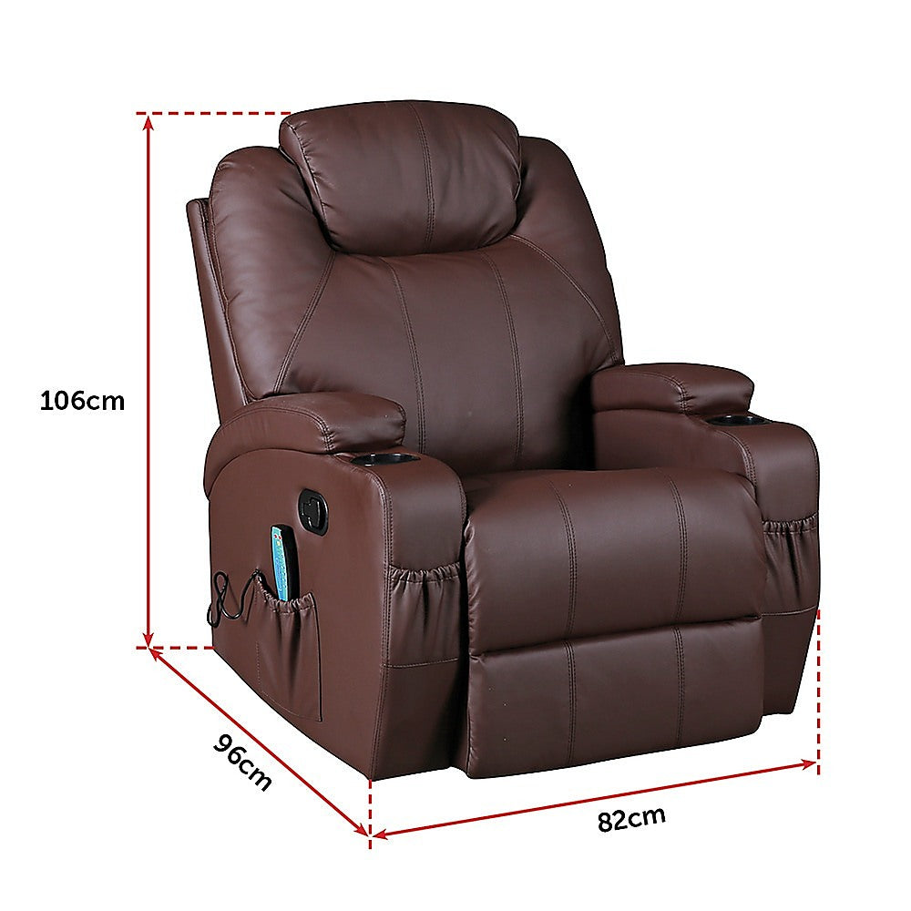 Arm Chairs & Recliners: Brown Massage Sofa Chair Recliner 360 Degree Swivel PU Leather Lounge 8 Point Heated
