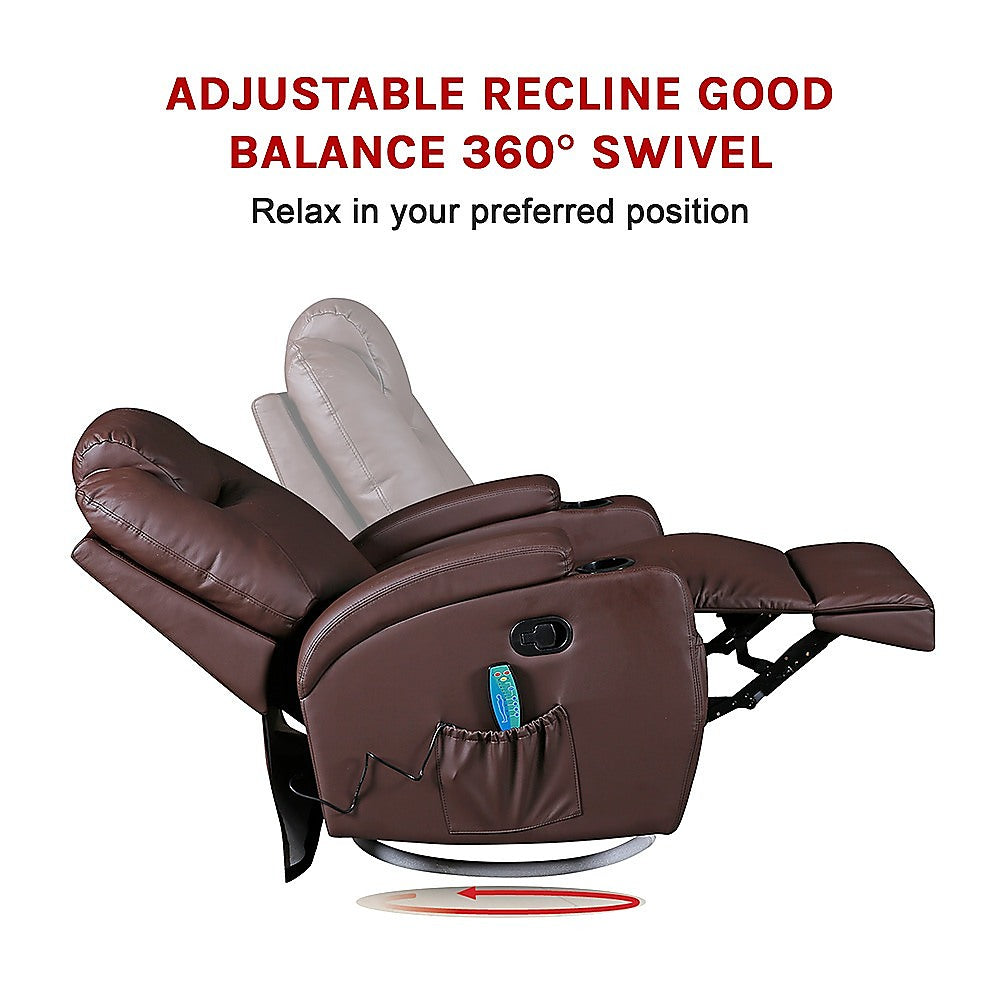 Arm Chairs & Recliners: Brown Massage Sofa Chair Recliner 360 Degree Swivel PU Leather Lounge 8 Point Heated