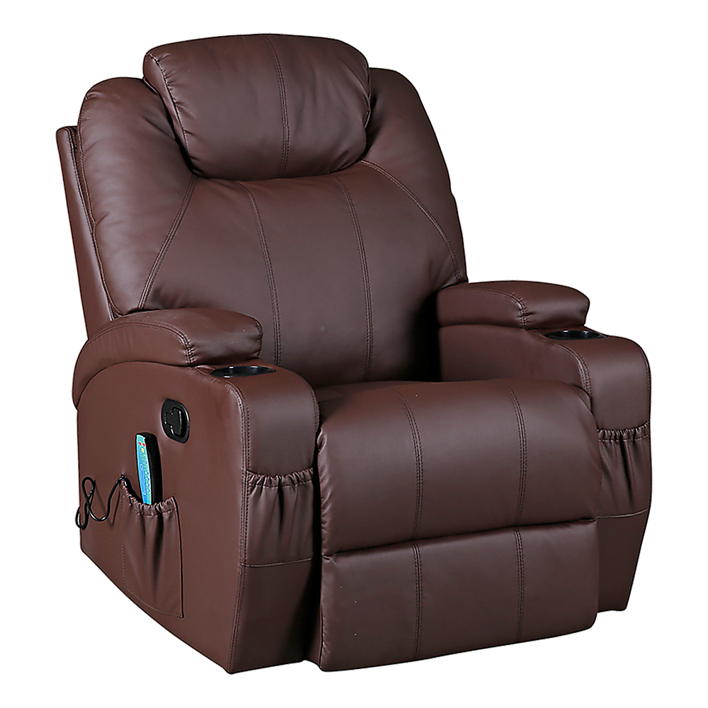 Arm Chairs & Recliners: Brown Massage Sofa Chair Recliner 360 Degree Swivel PU Leather Lounge 8 Point Heated