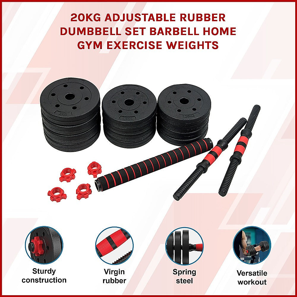 Weightlifting Machines & Racks: 20kg Adjustable Rubber Dumbbell Set Barbell Home GYM Exercise Weights
