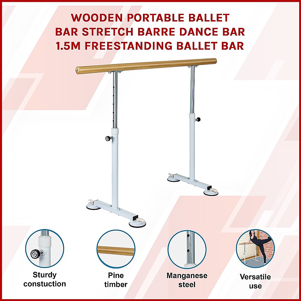 Gym Equipment & Accessories: Wooden Portable Ballet Bar Stretch Barre Dance Bar 1.5M Freestanding Ballet Bar