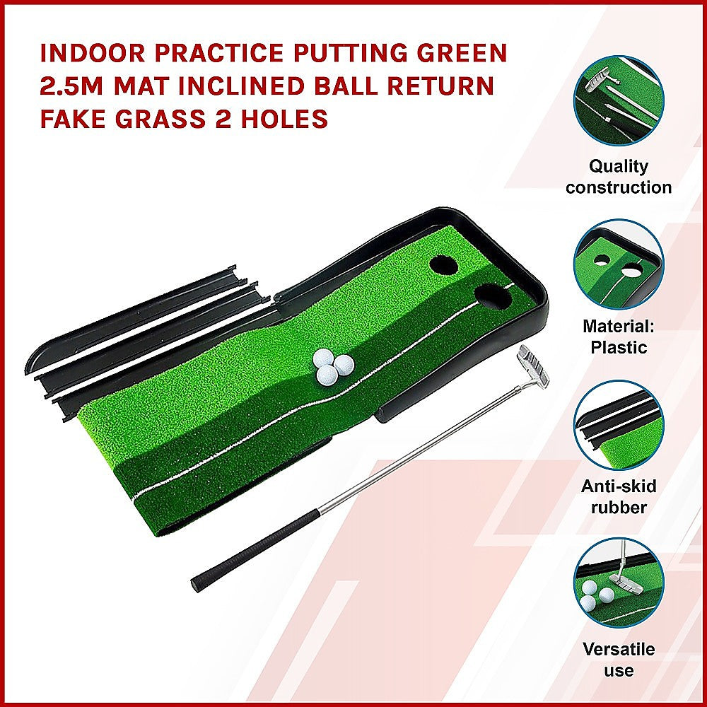 Activity Games: Indoor Practice Putting Green 2.5m Mat Inclined Ball Return Fake Grass 2 Holes