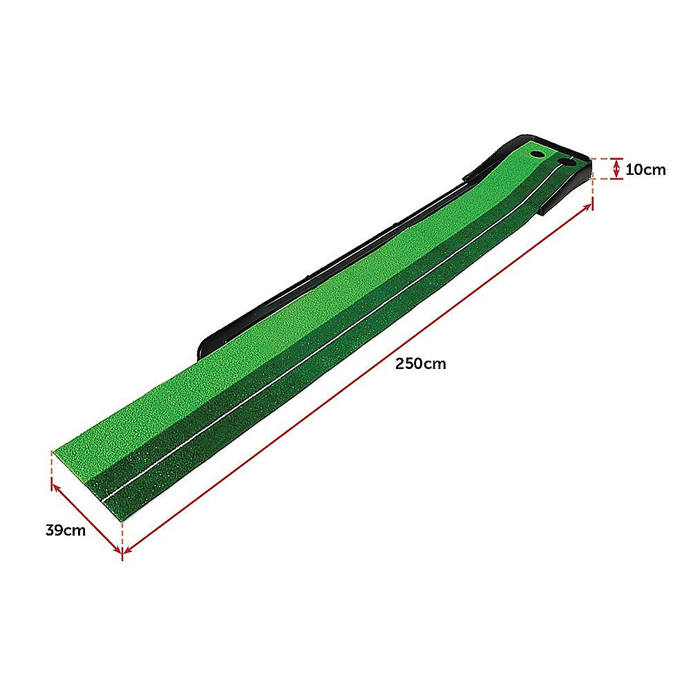Activity Games: Indoor Practice Putting Green 2.5m Mat Inclined Ball Return Fake Grass 2 Holes
