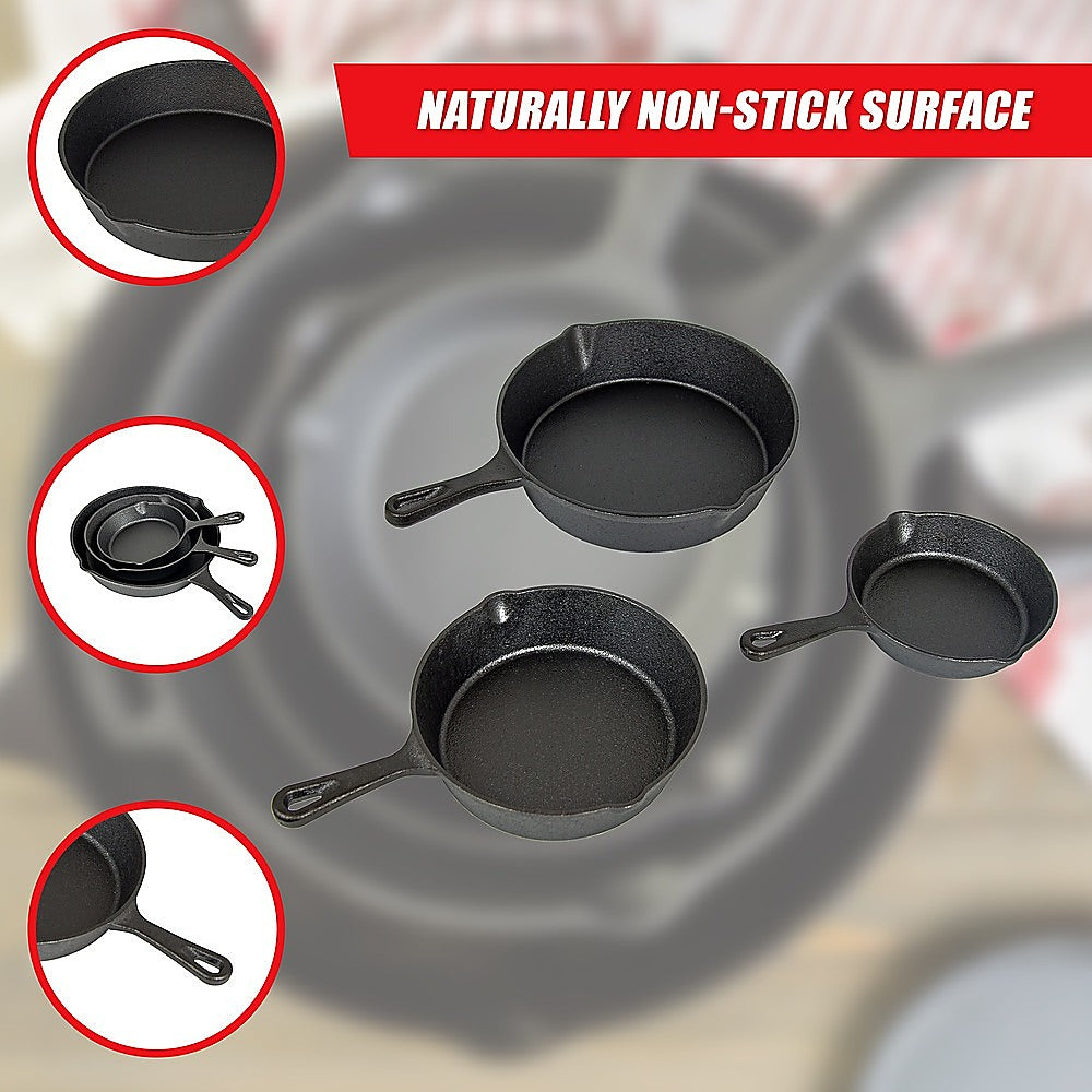 Kitchen Utensils: Pre Seasoned Cast Iron Skillet Fry Pan Set 3 Pcs Frying Pan Set