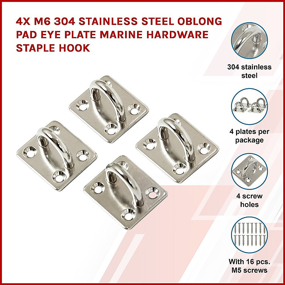 Gardening Accessories: 4X M6 304 Stainless Steel Oblong Pad Eye Plate Marine Hardware Staple Hook