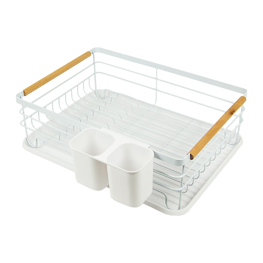 Kitchen Utensils: Metal Dish Drying Rack Drainboard Holder Tray Kitchen Plates Cutlery Wood Handle