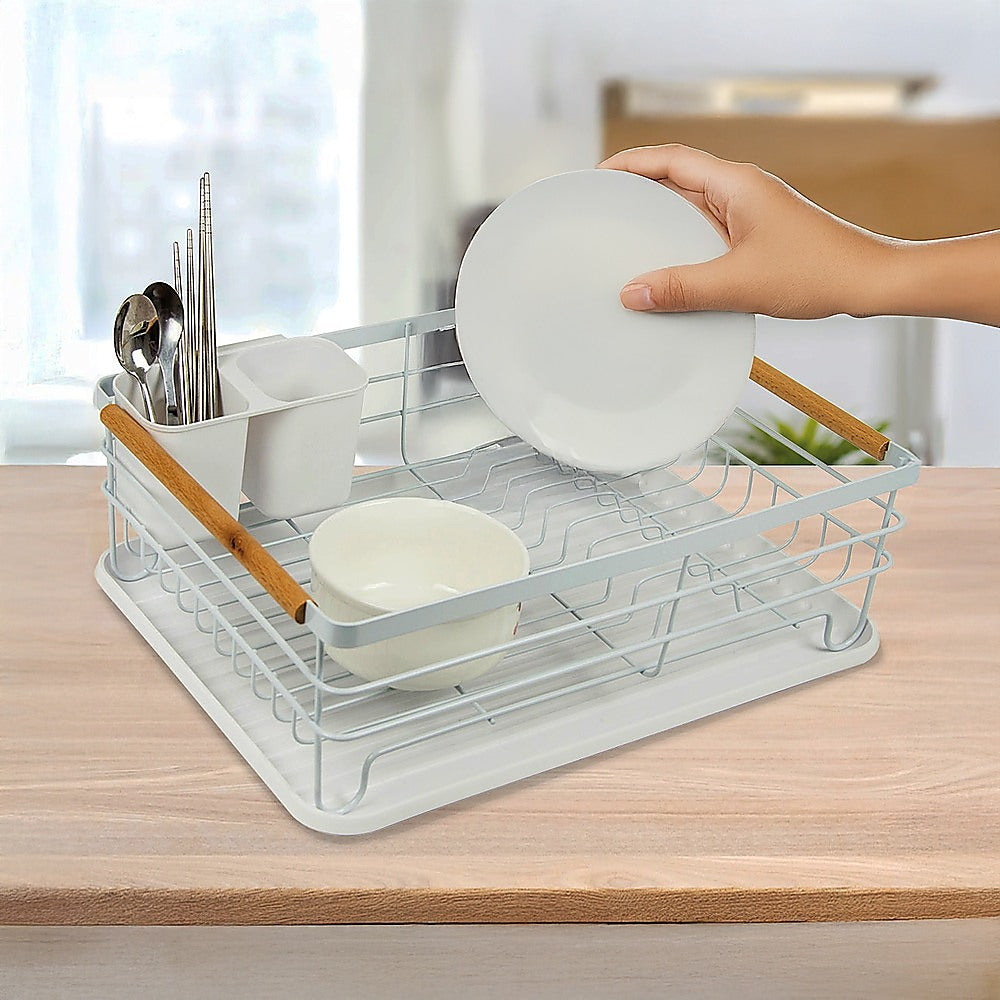 Kitchen Utensils: Metal Dish Drying Rack Drainboard Holder Tray Kitchen Plates Cutlery Wood Handle