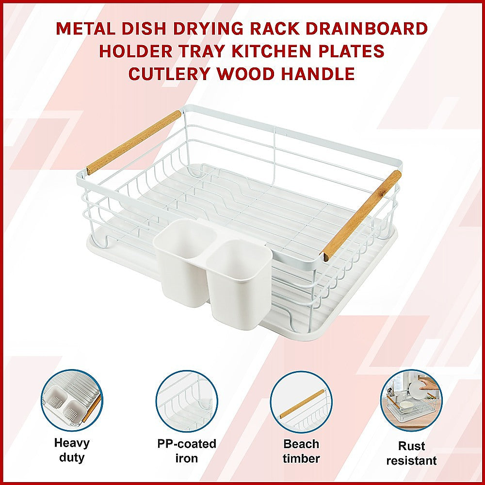 Kitchen Utensils: Metal Dish Drying Rack Drainboard Holder Tray Kitchen Plates Cutlery Wood Handle