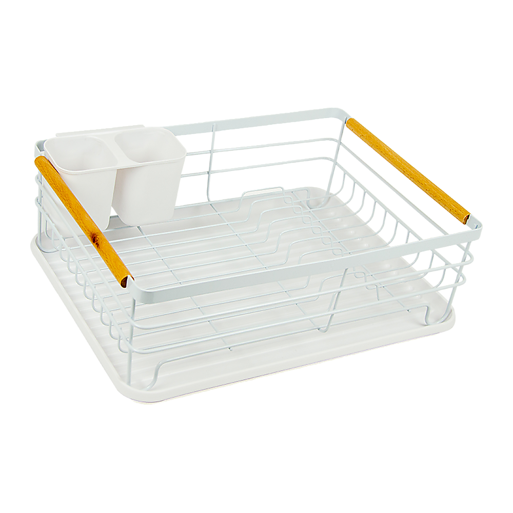 Kitchen Utensils: Metal Dish Drying Rack Drainboard Holder Tray Kitchen Plates Cutlery Wood Handle