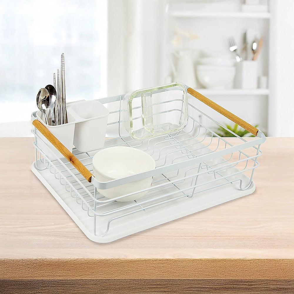 Kitchen Utensils: Metal Dish Drying Rack Drainboard Holder Tray Kitchen Plates Cutlery Wood Handle