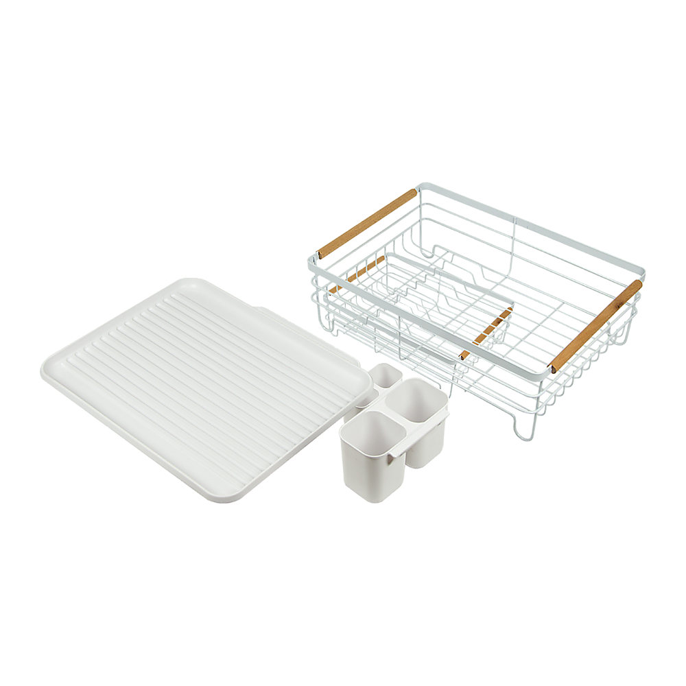 Kitchen Utensils: Metal Dish Drying Rack Drainboard Holder Tray Kitchen Plates Cutlery Wood Handle