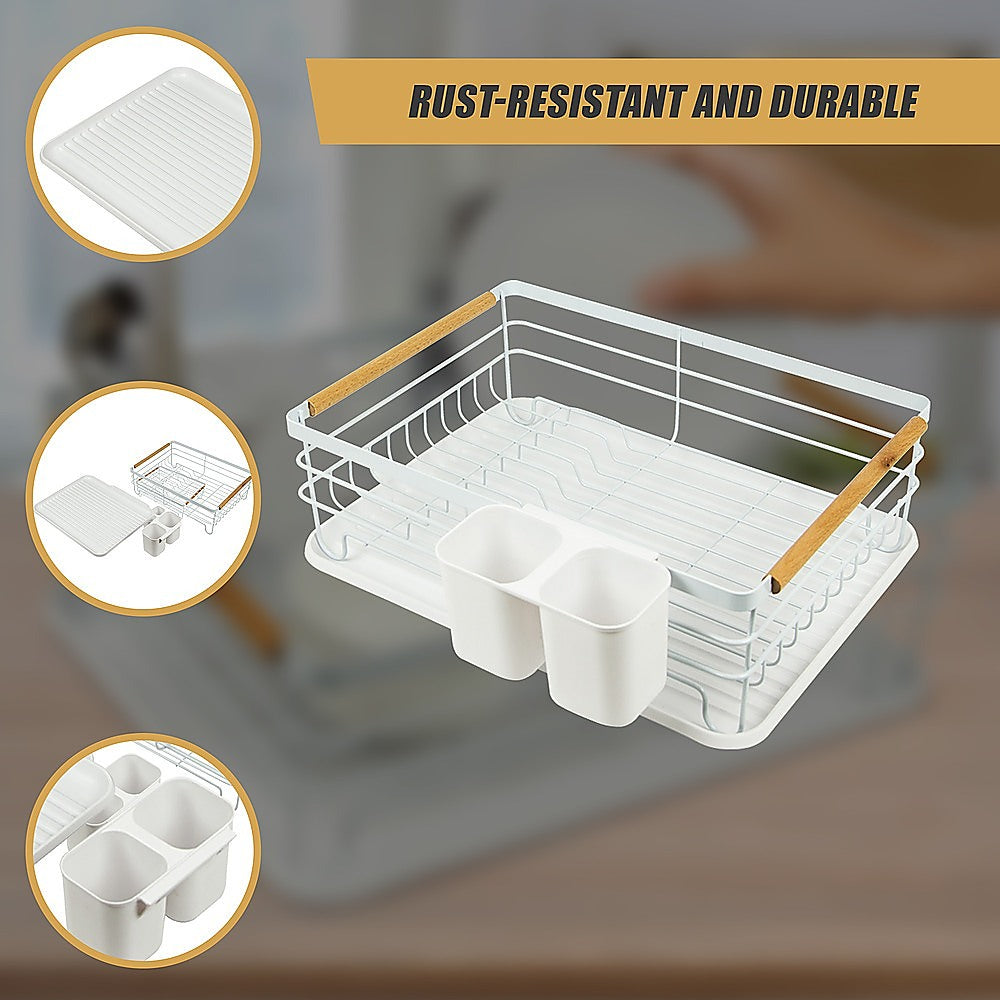 Kitchen Utensils: Metal Dish Drying Rack Drainboard Holder Tray Kitchen Plates Cutlery Wood Handle