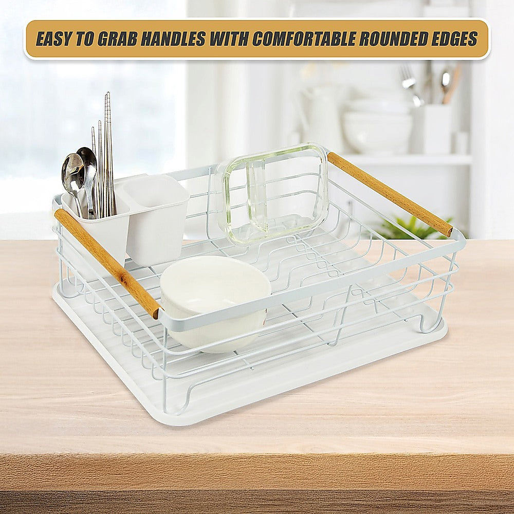 Kitchen Utensils: Metal Dish Drying Rack Drainboard Holder Tray Kitchen Plates Cutlery Wood Handle