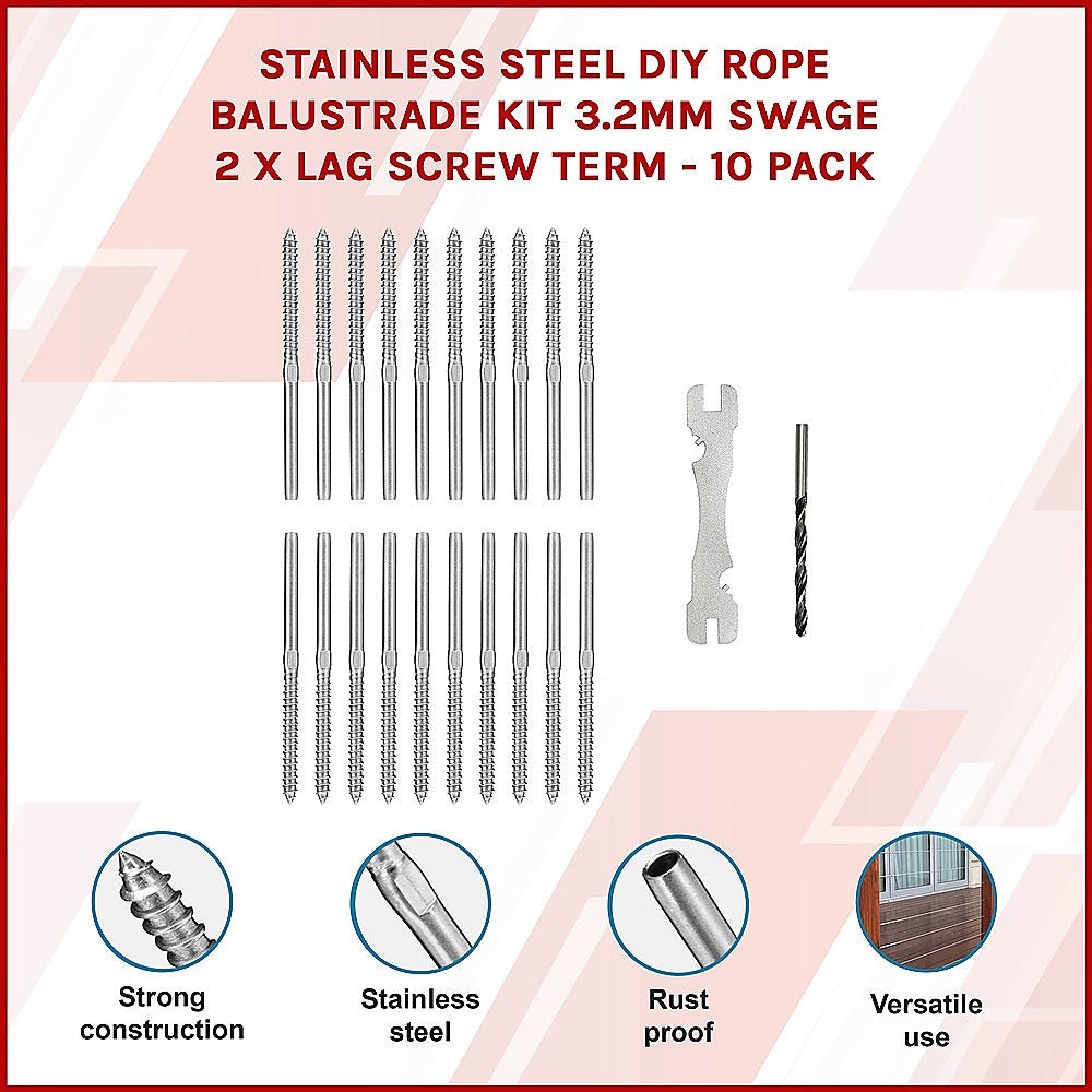 Hardware Hooks: Stainless Steel DIY Rope Balustrade Kit 3.2mm Swage 2 x Lag Screw Term - 10 pack