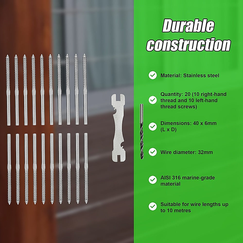Hardware Hooks: Stainless Steel DIY Rope Balustrade Kit 3.2mm Swage 2 x Lag Screw Term - 10 pack