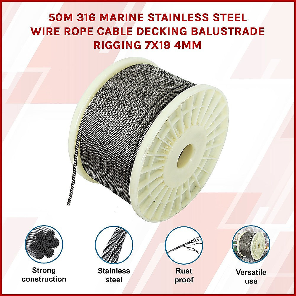 Hardware Hooks: 50M 316 Marine Stainless Steel Wire Rope Cable Decking Balustrade Rigging 7x19 4mm
