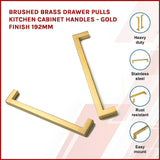 15 x Brushed Brass Drawer Pulls Kitchen Cabinet Handles - Gold Finish 192mm