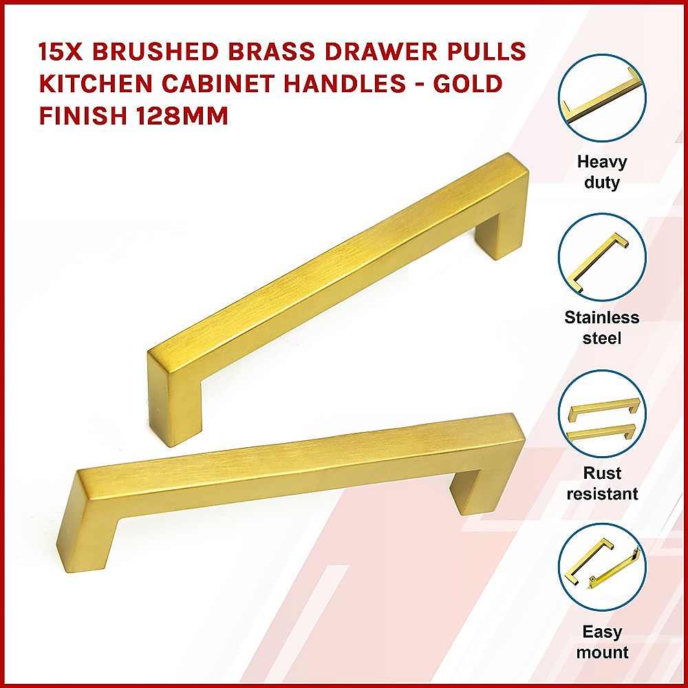 Bathroom Cabinets, Cupboards & Storage: 15x Brushed Brass Drawer Pulls Kitchen Cabinet Handles - Gold Finish 128mm