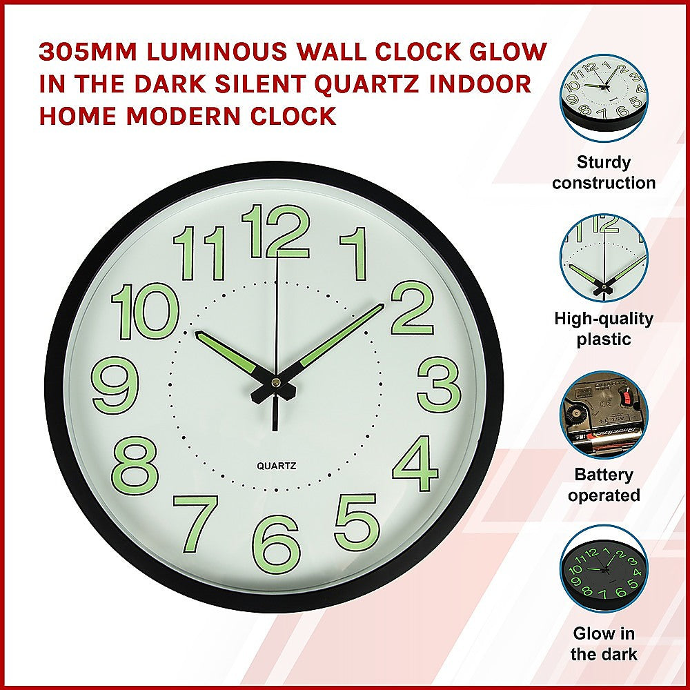 Clocks: 305mm Luminous Wall Clock Glow In The Dark Silent Quartz Indoor Home Modern Clock